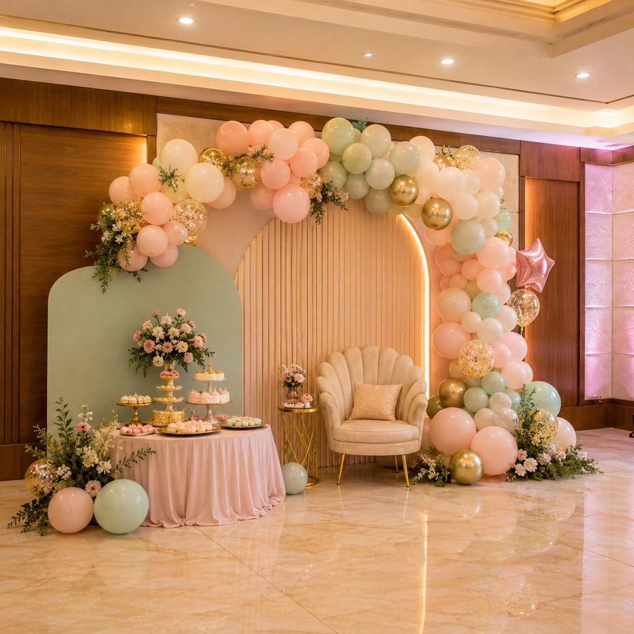 Baby shower dessert table with pastel balloon arch