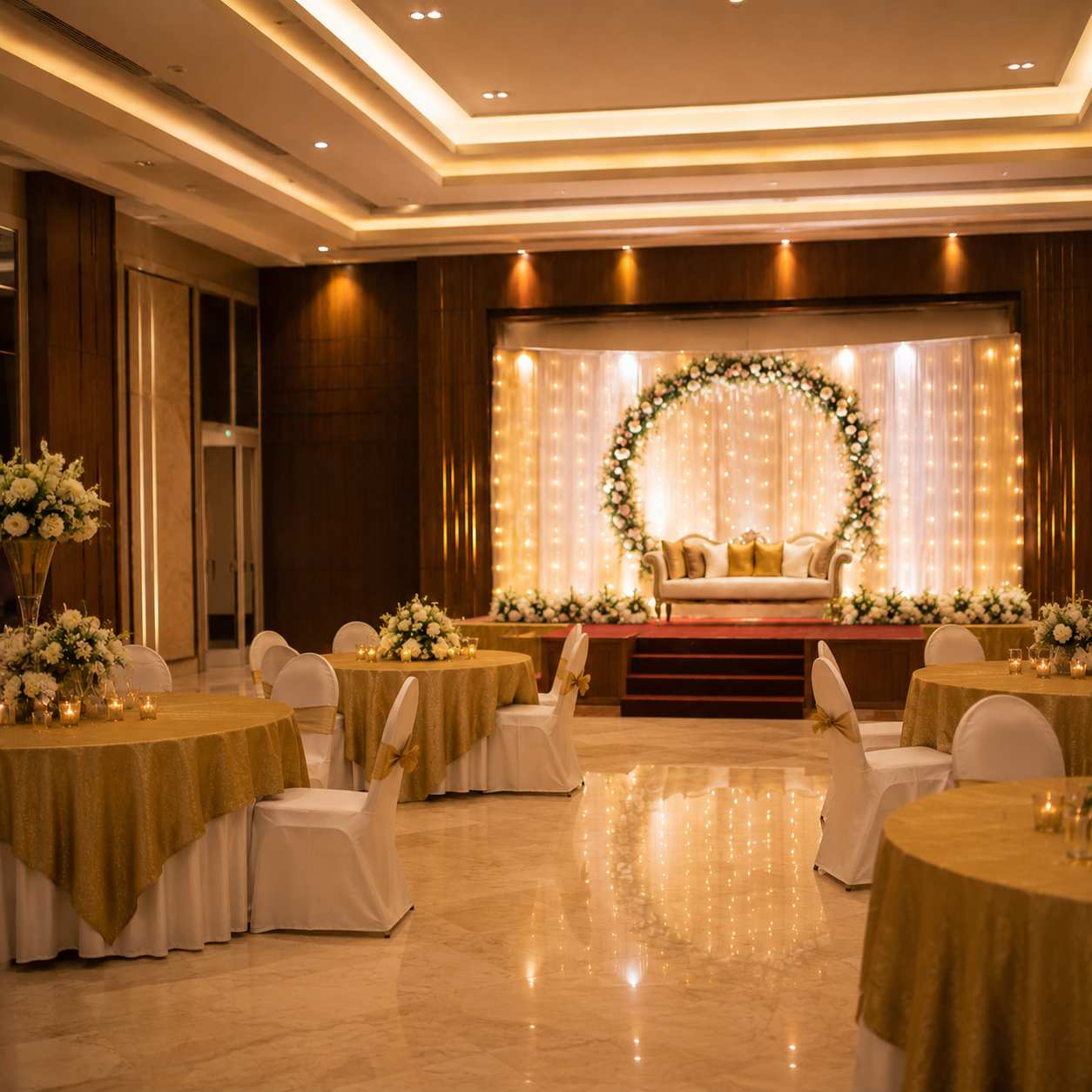 Floral arch stage with fairy-light backdrop and gold-draped banquet tables