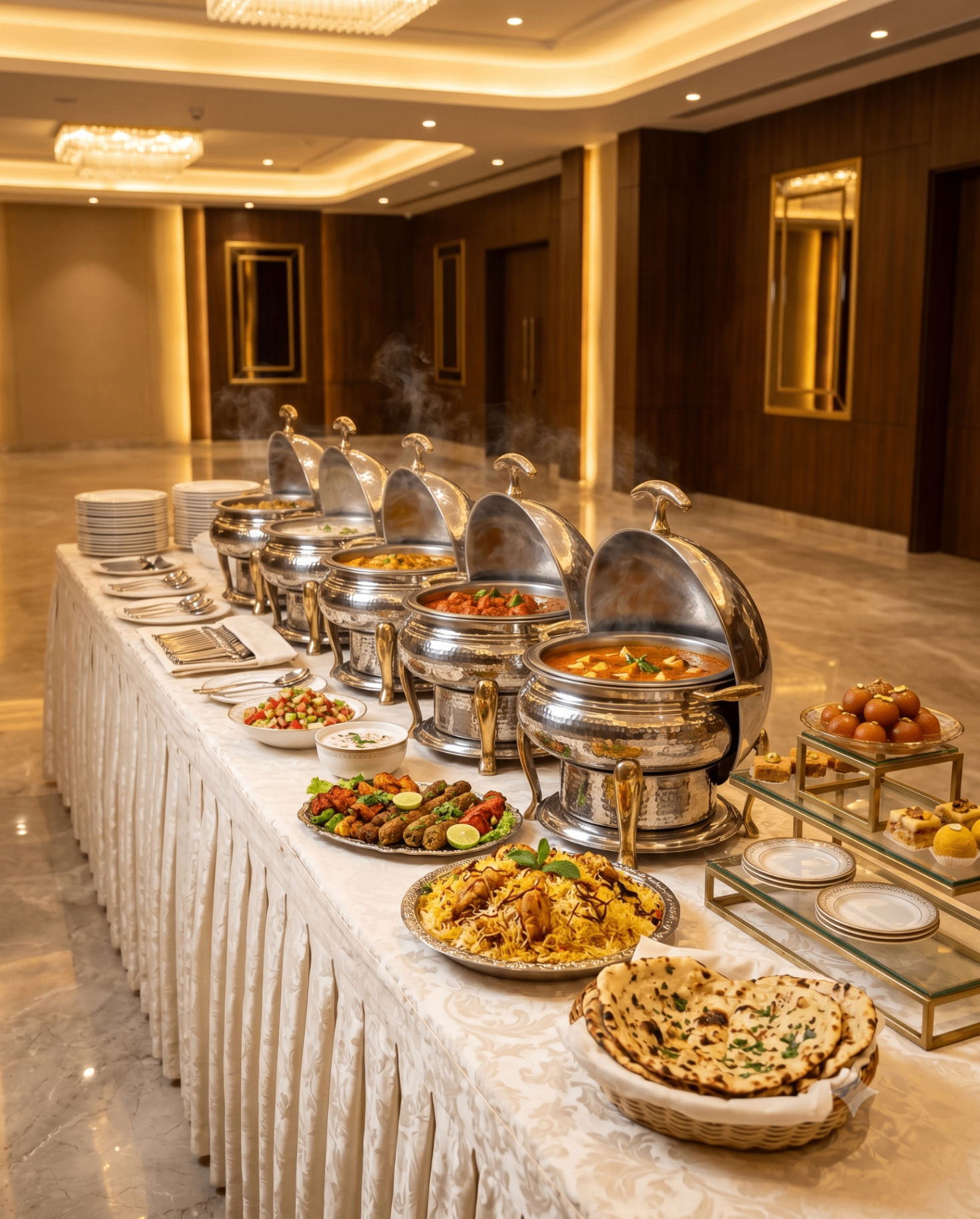 Premium buffet spread with silver chafing dishes and Indian cuisine
