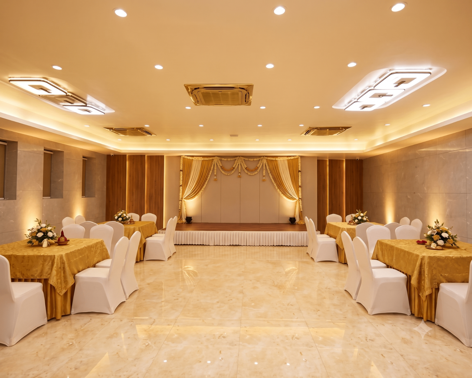 Main hall with gold-draped stage and gold-topped tables