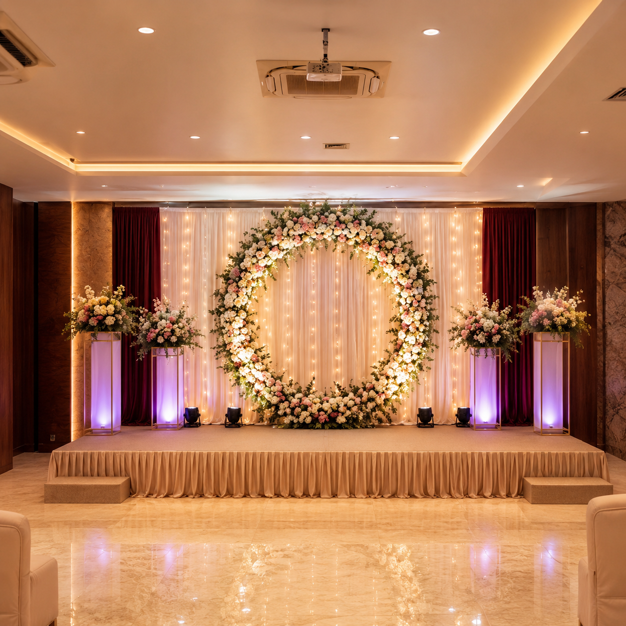 Engagement stage with circular floral ring backdrop
