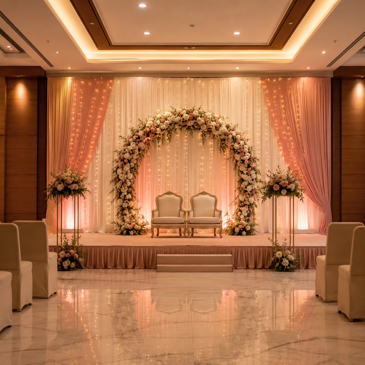 Wedding stage with floral arch and fairy-light drapes